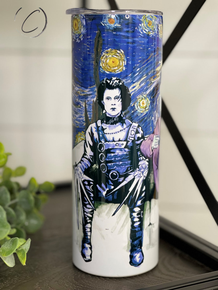 Tim Burton Starry Night 20oz Skinny Tumbler featuring a vibrant full wrap design with a reusable straw.