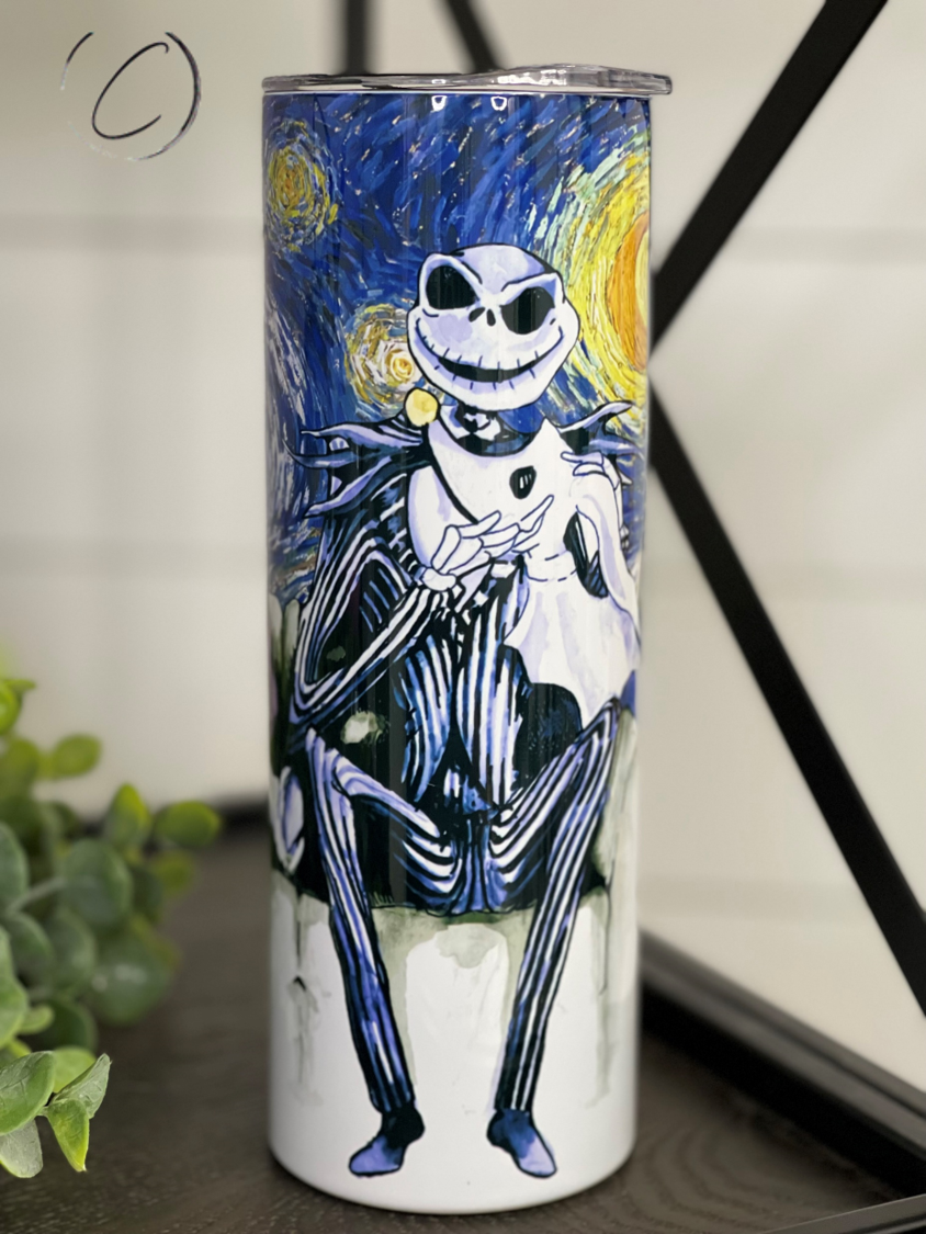 Tim Burton Starry Night 20oz Skinny Tumbler featuring a vibrant full wrap design with a reusable straw.