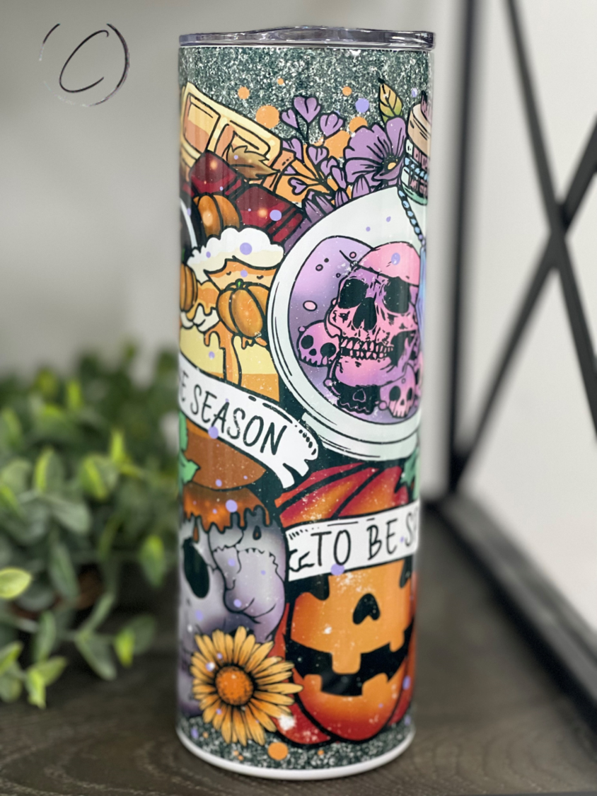 Tis The Season To Be Spooky 20oz Skinny Tumbler with vibrant Halloween design and reusable straw.