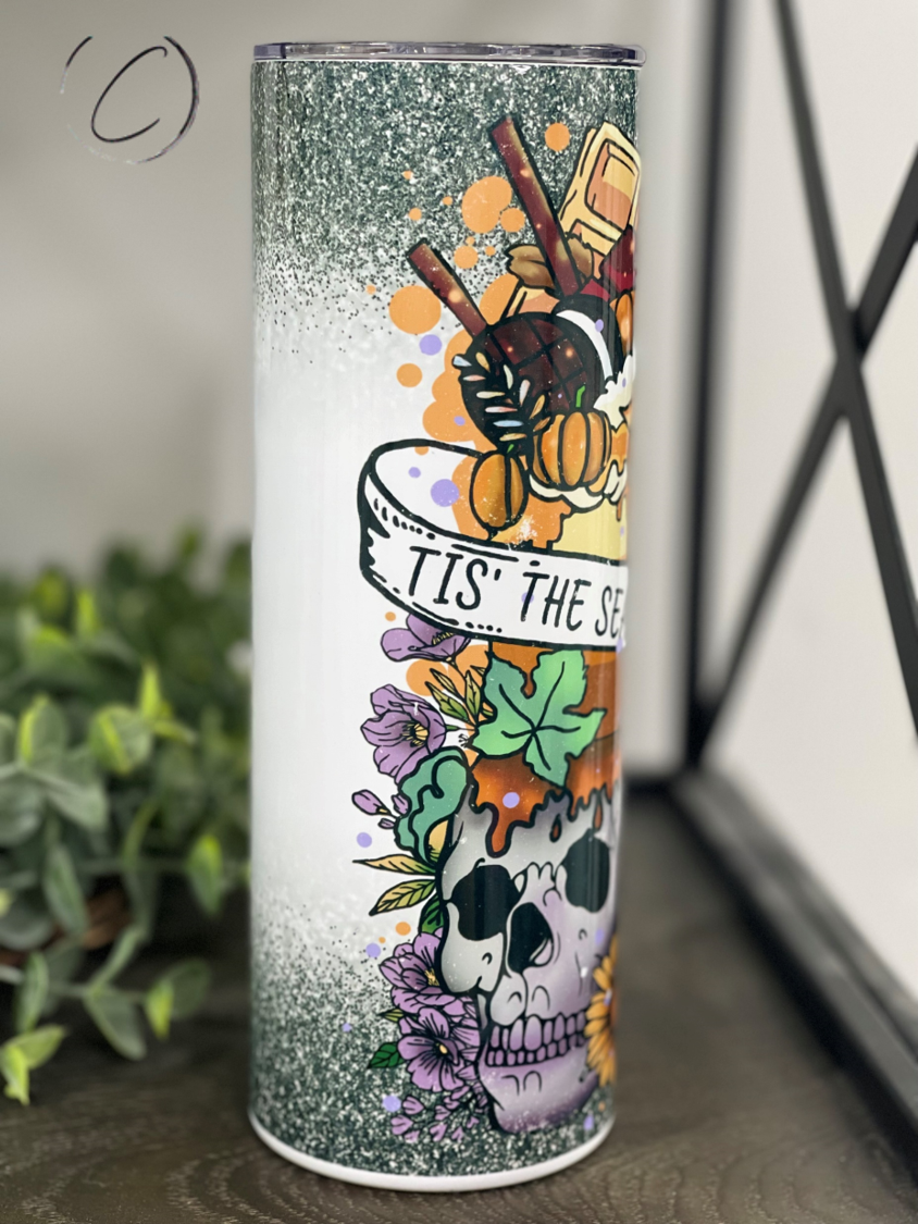 Tis The Season To Be Spooky 20oz Skinny Tumbler with vibrant Halloween design and reusable straw.