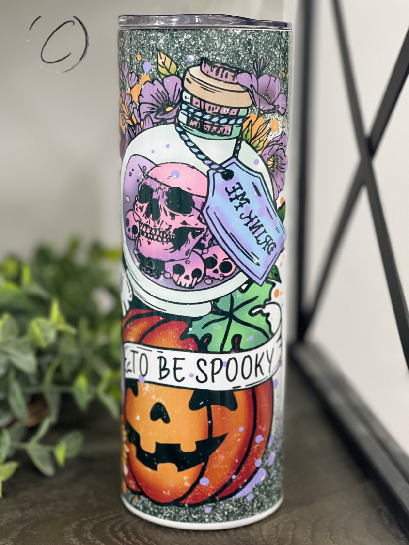 Tis The Season To Be Spooky 20oz Skinny Tumbler with vibrant Halloween design and reusable straw.