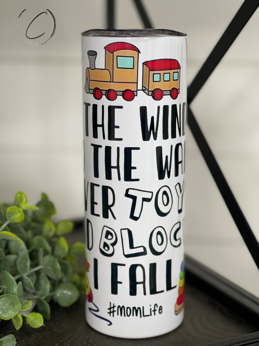 Toys & Blocks I Fall 20oz Skinny Tumbler with vibrant design and reusable straw, perfect for hot and cold beverages.