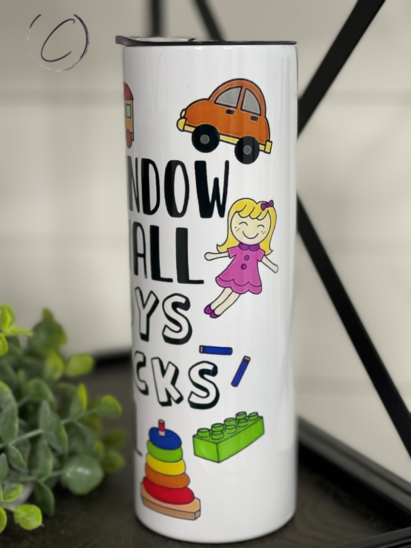 Toys & Blocks I Fall 20oz Skinny Tumbler with vibrant design and reusable straw, perfect for hot and cold beverages.