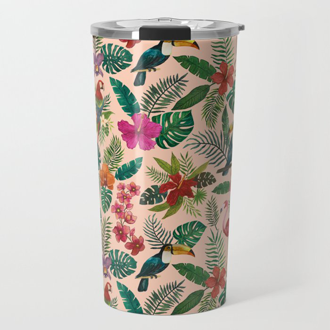 A vibrant Tropical Bird Travel Mug made of stainless steel, featuring colorful wraparound artwork and a vacuum-sealed lid.