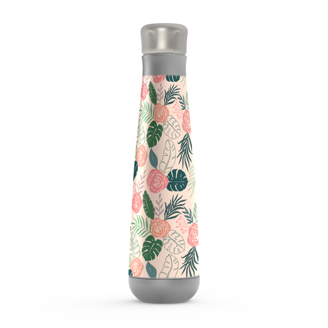 Tropical Floral Peristyle Water Bottle with vibrant floral design, stainless steel body, and screw-on lid.