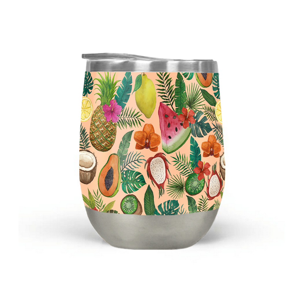 A colorful Tropical Fruit and Flowers Wine Tumbler showcasing vibrant designs, perfect for summer drinks.