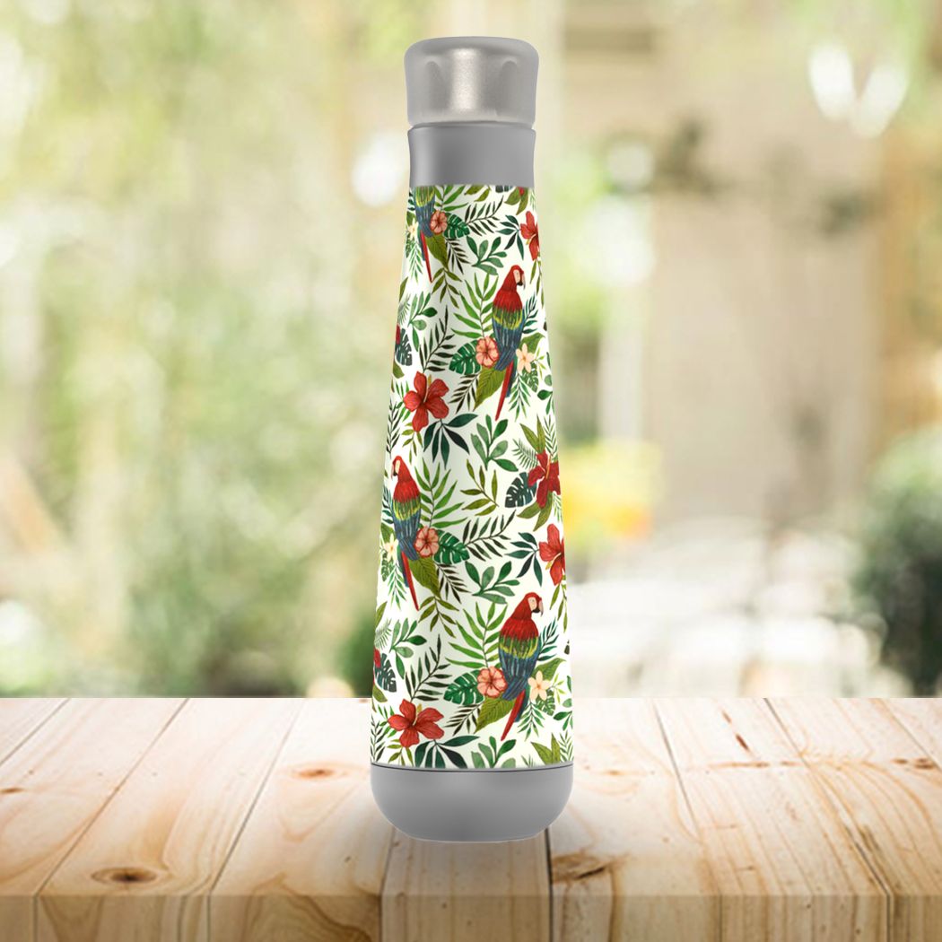 Tropical Parrot Peristyle Water Bottle in stainless steel with vibrant parrot design, showcasing its sleek and modern shape.