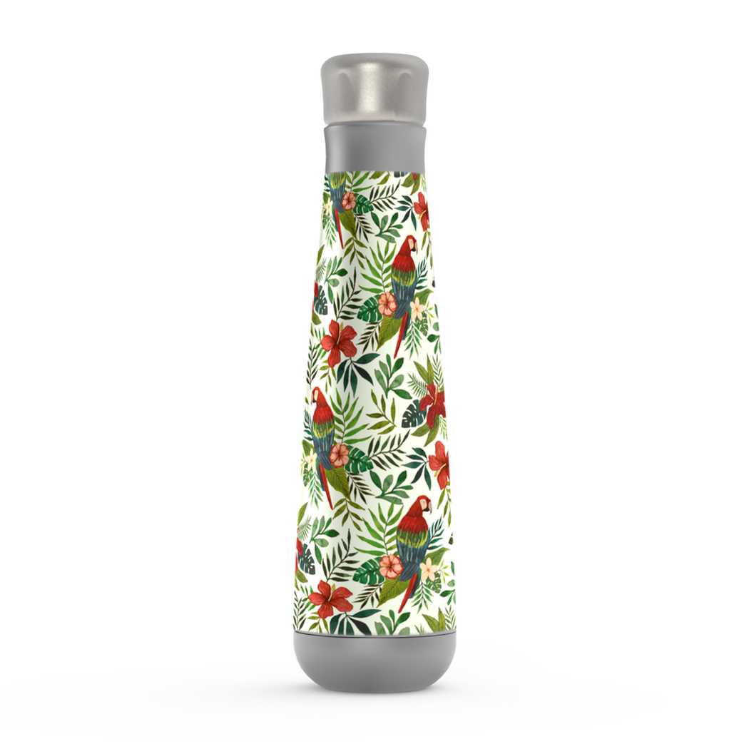 Tropical Parrot Peristyle Water Bottle in stainless steel with vibrant parrot design, showcasing its sleek and modern shape.