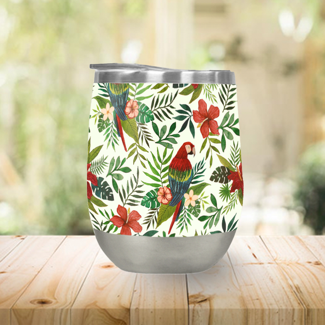 Tropical Parrot Stemless Wine Tumbler with vibrant colors and a sleek design, perfect for outdoor use.