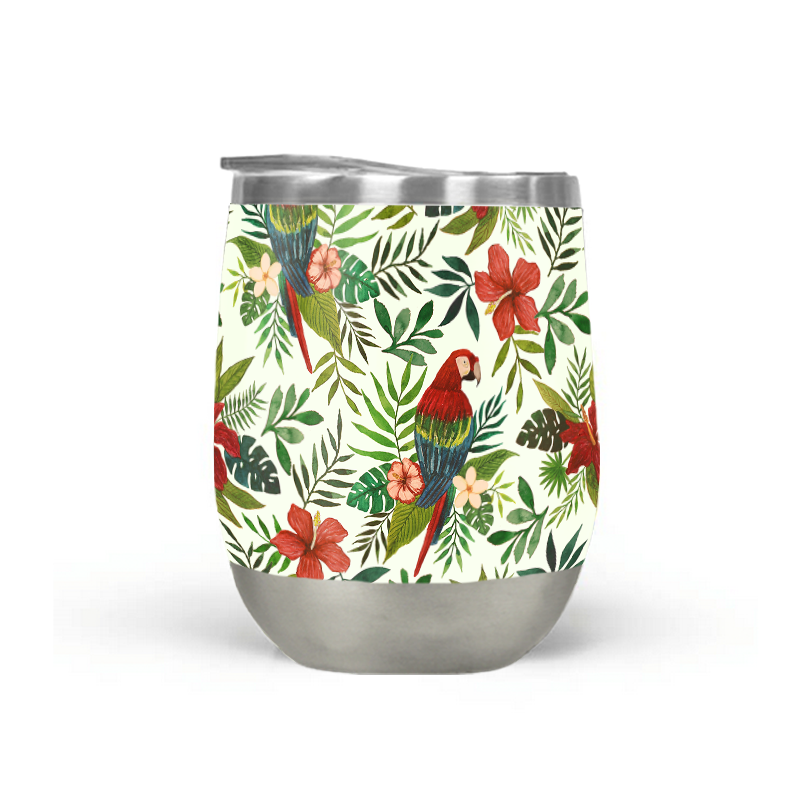 Tropical Parrot Stemless Wine Tumbler with vibrant colors and a sleek design, perfect for outdoor use.