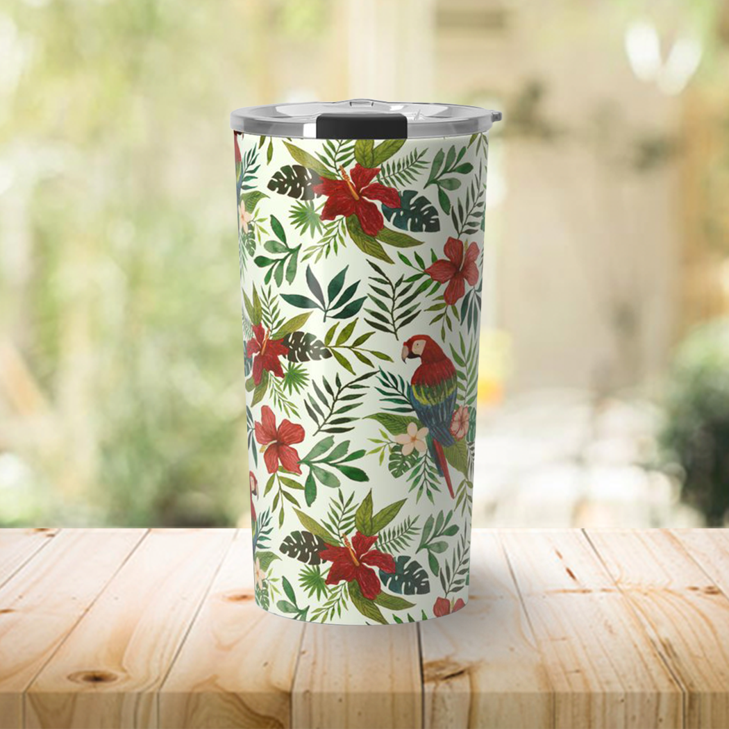 A vibrant Tropical Parrot Travel Mug made of stainless steel, featuring a colorful parrot design and a double-wall structure for insulation.