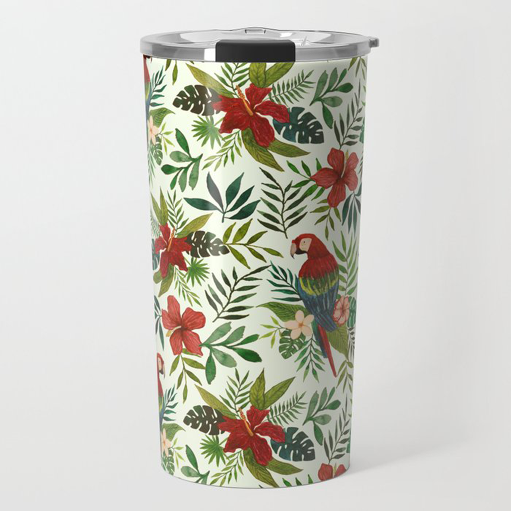 A vibrant Tropical Parrot Travel Mug made of stainless steel, featuring a colorful parrot design and a double-wall structure for insulation.