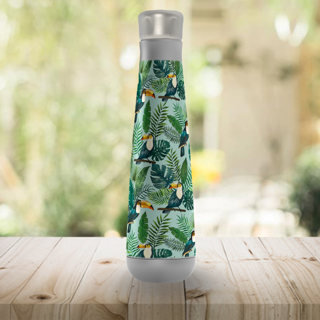 Tropical Toucan Peristyle Water Bottle in vibrant colors with stainless steel finish, showcasing its stylish design and vacuum insulation feature.