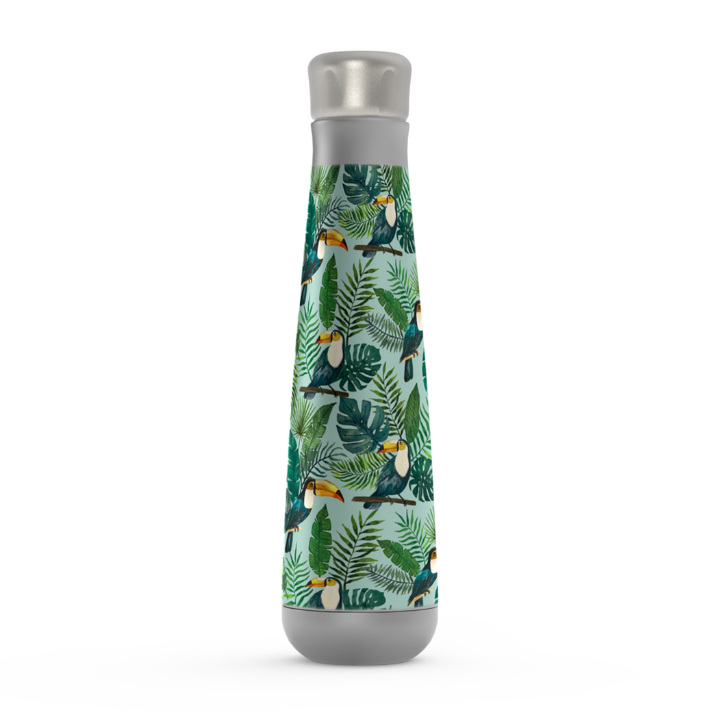 Tropical Toucan Peristyle Water Bottle in vibrant colors with stainless steel finish, showcasing its stylish design and vacuum insulation feature.