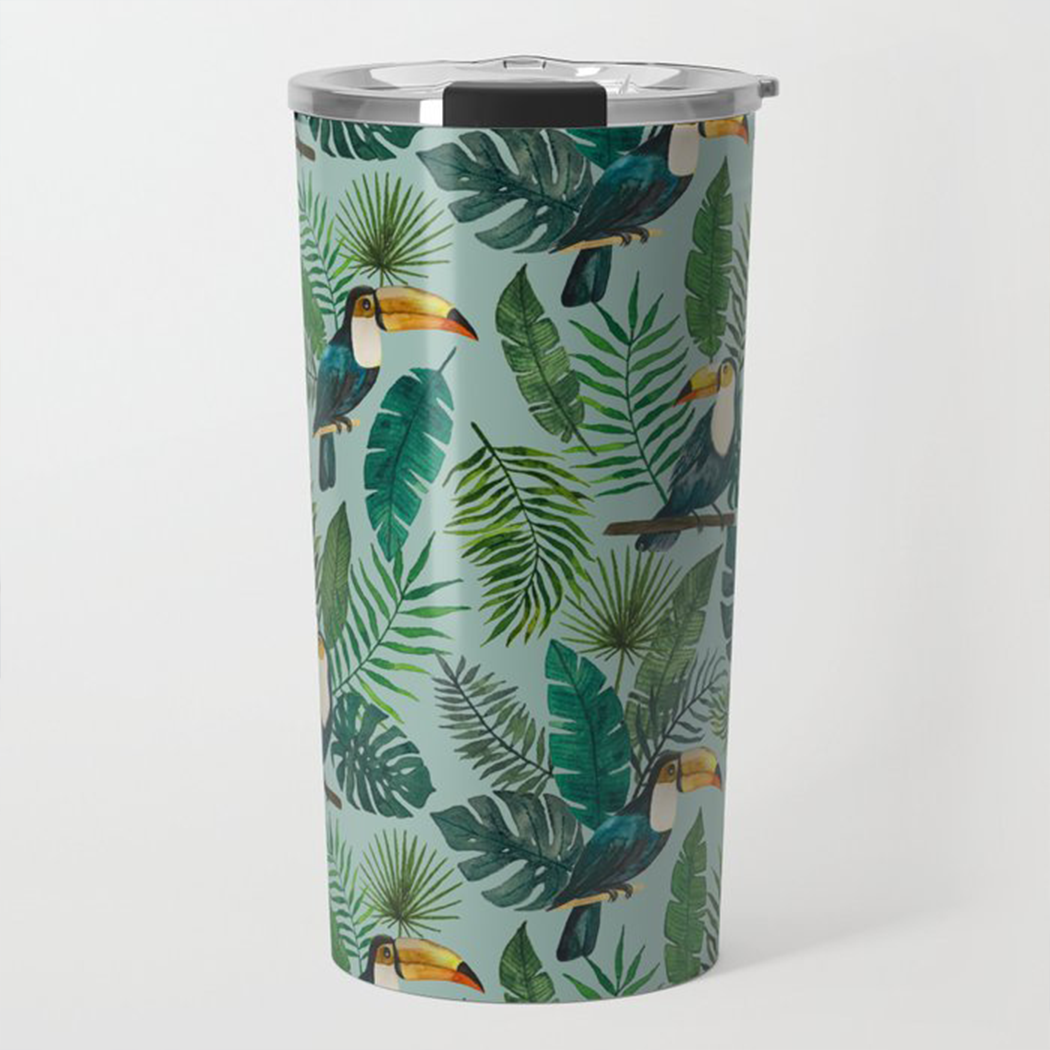 A vibrant Tropical Toucan Travel Mug made of stainless steel, featuring a colorful toucan design and a vacuum-sealed lid.