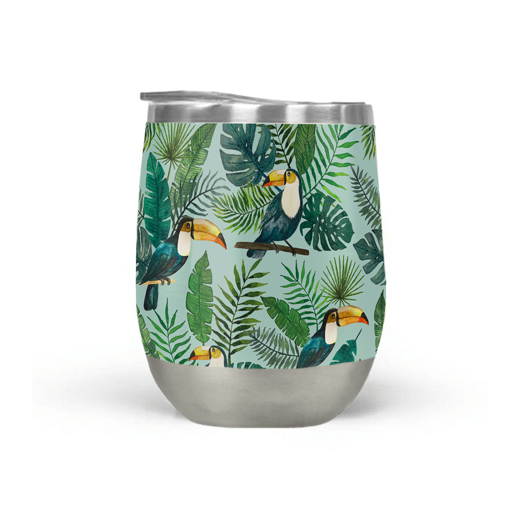 Tropical Toucan Wine Tumbler featuring vibrant toucan design and stainless steel construction, perfect for outdoor use.