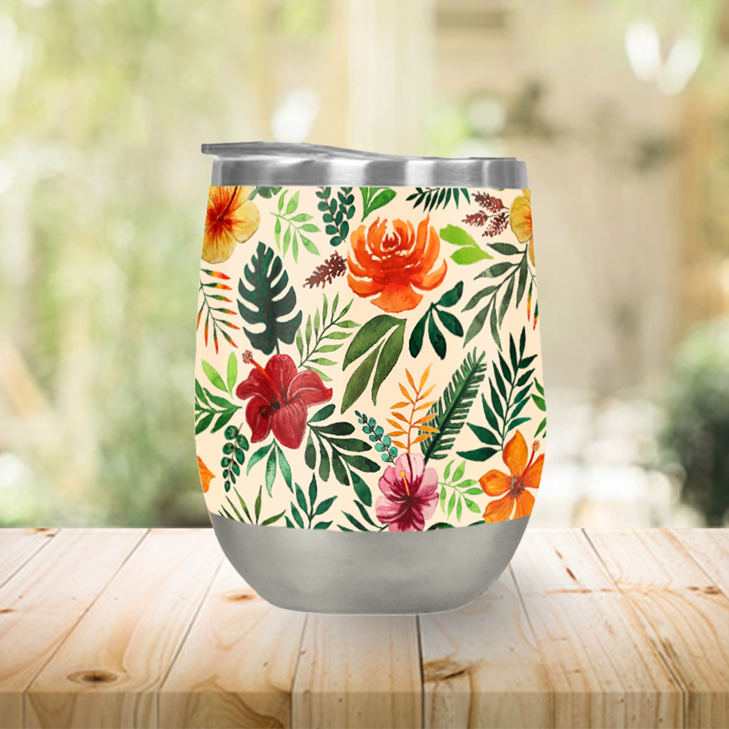 Tropical Watercolor Floral Stemless Wine Tumbler showcasing vibrant floral design and stainless steel construction.