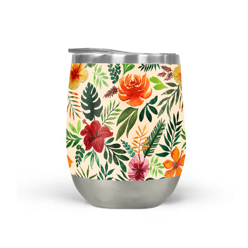 Tropical Watercolor Floral Stemless Wine Tumbler showcasing vibrant floral design and stainless steel construction.