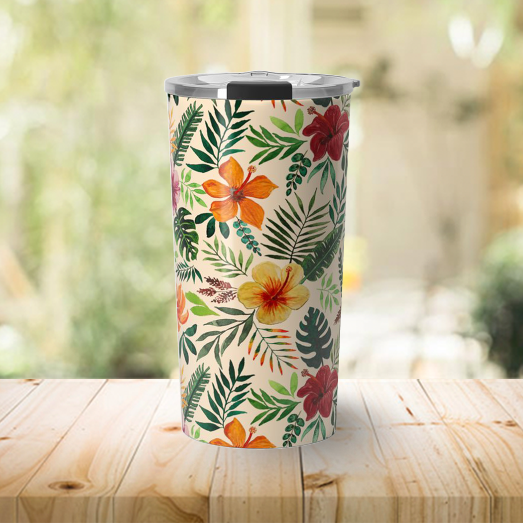 Tropical Watercolor Floral Travel Mug showcasing vibrant floral design and stainless steel construction.