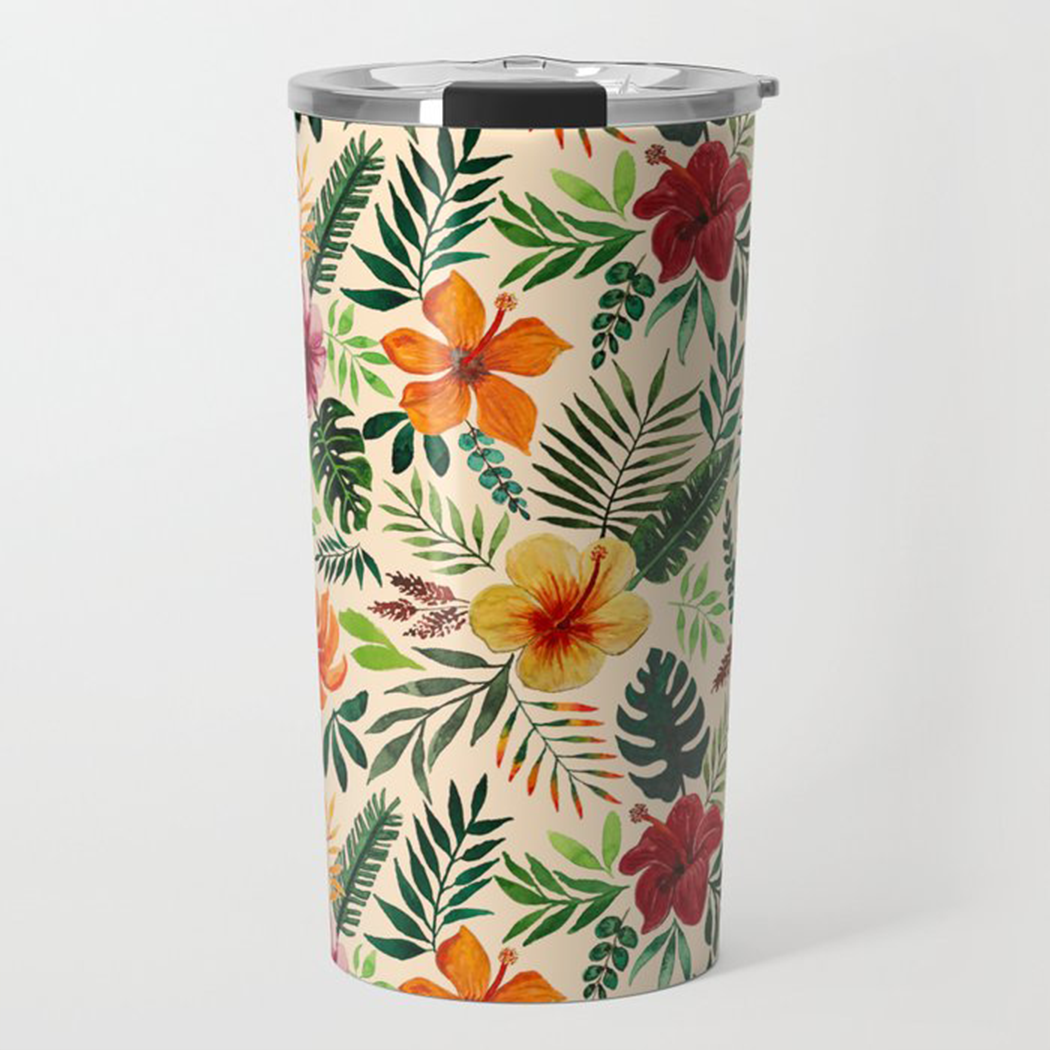 Tropical Watercolor Floral Travel Mug showcasing vibrant floral design and stainless steel construction.