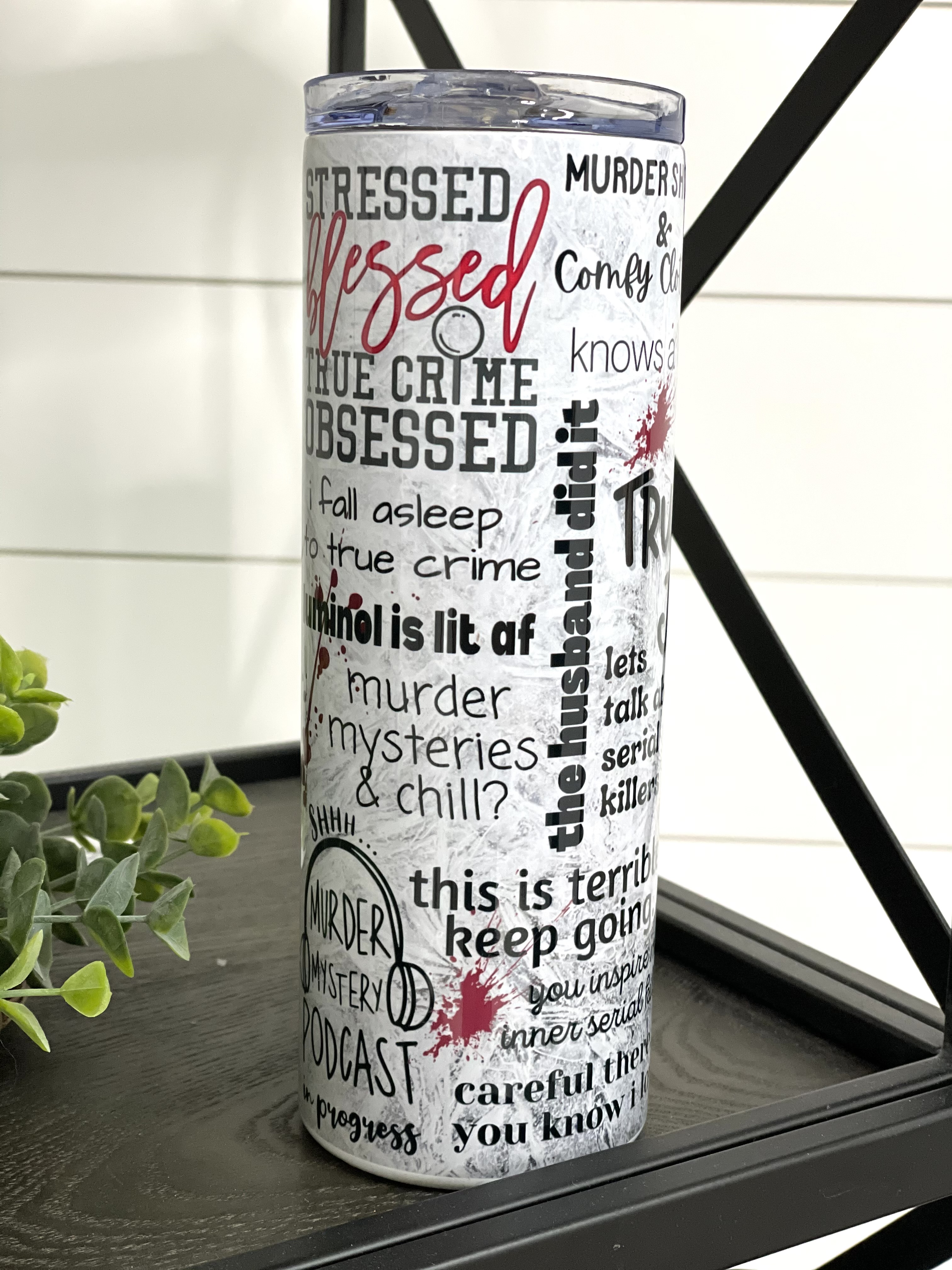 True Crime Junkie 20oz Skinny Tumbler with a stylish design, perfect for true crime enthusiasts.