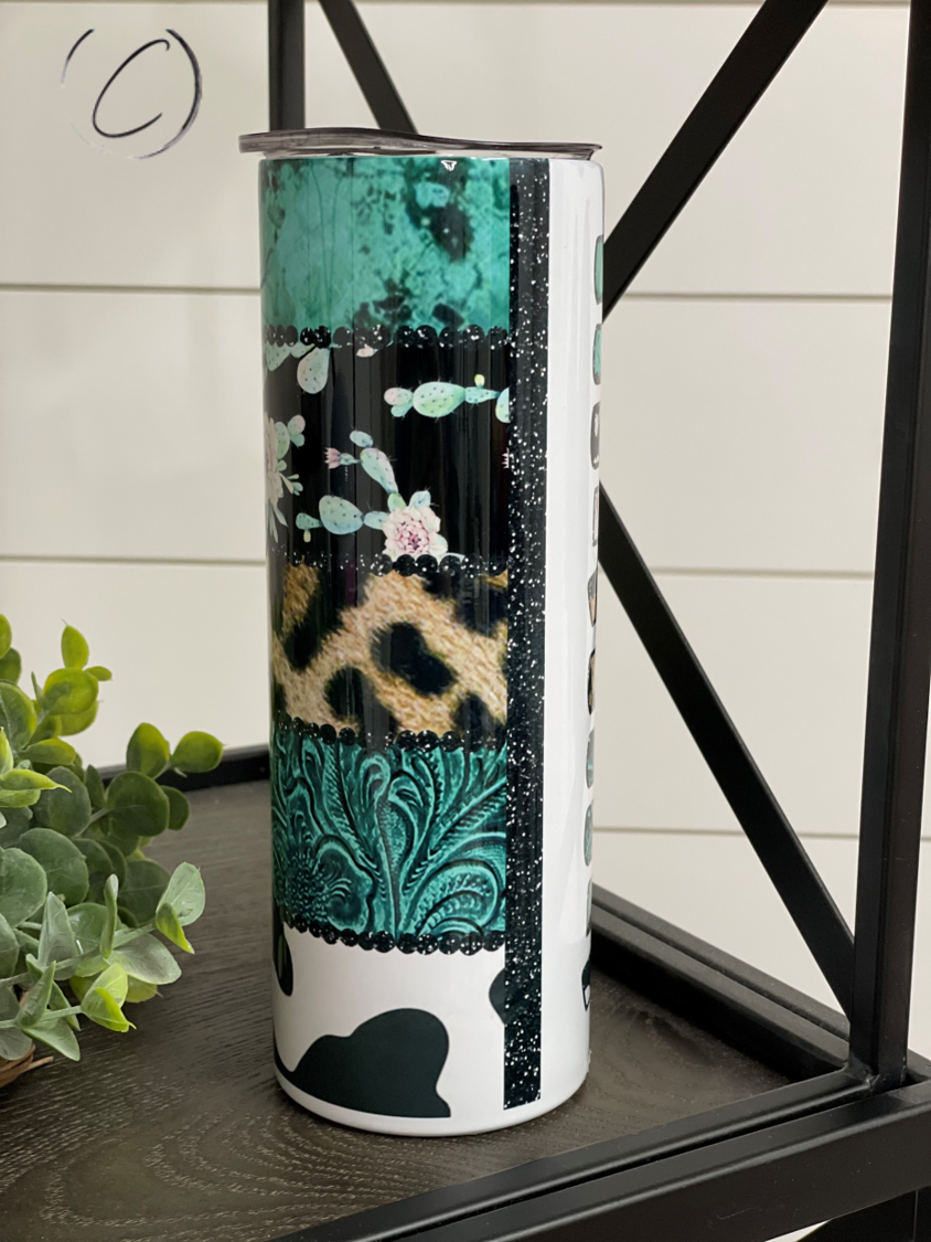 Turquoise Mama 20oz Skinny Tumbler with a vibrant turquoise design, featuring a reusable straw and a sleek, modern shape.