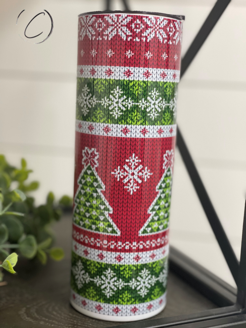 Ugly Sweater 20oz Skinny Tumbler featuring a vibrant holiday design, perfect for festive drinks.