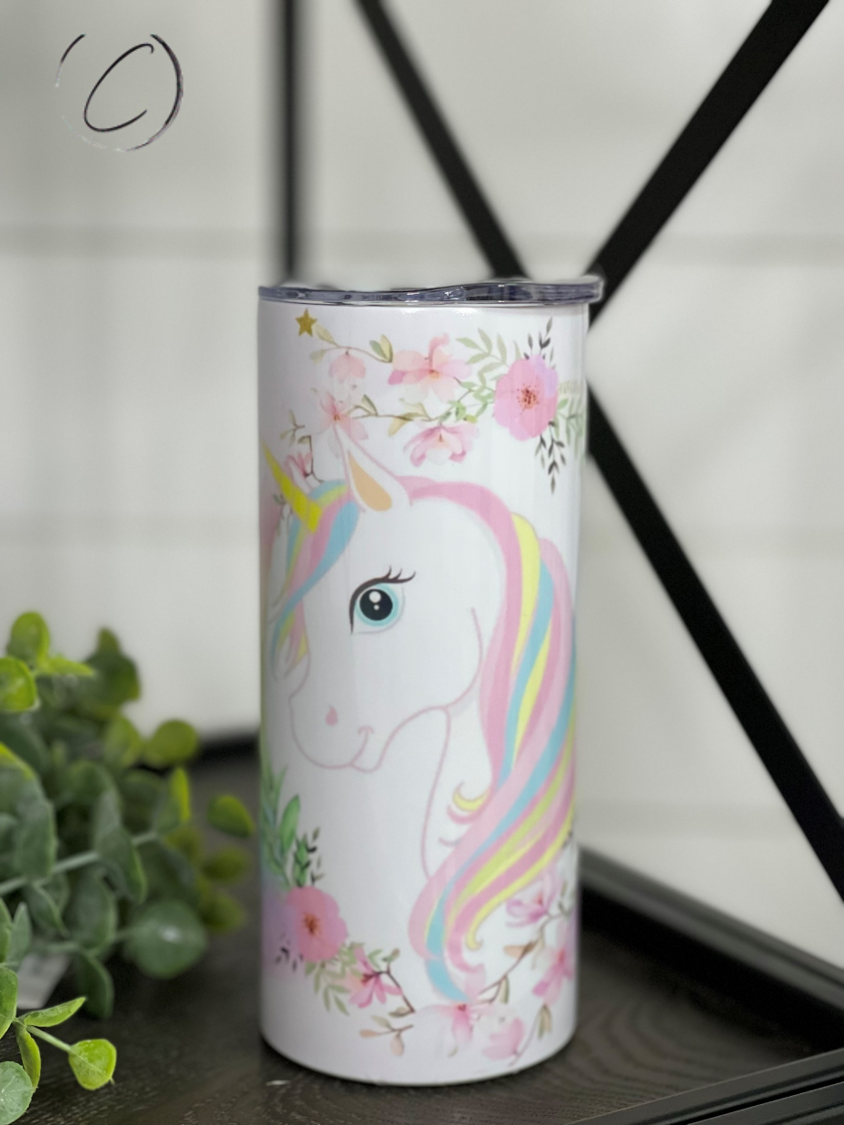 A colorful Unicorn Rainbow 15oz Kids Skinny Tumbler featuring a vibrant unicorn design, perfect for children's drinks.