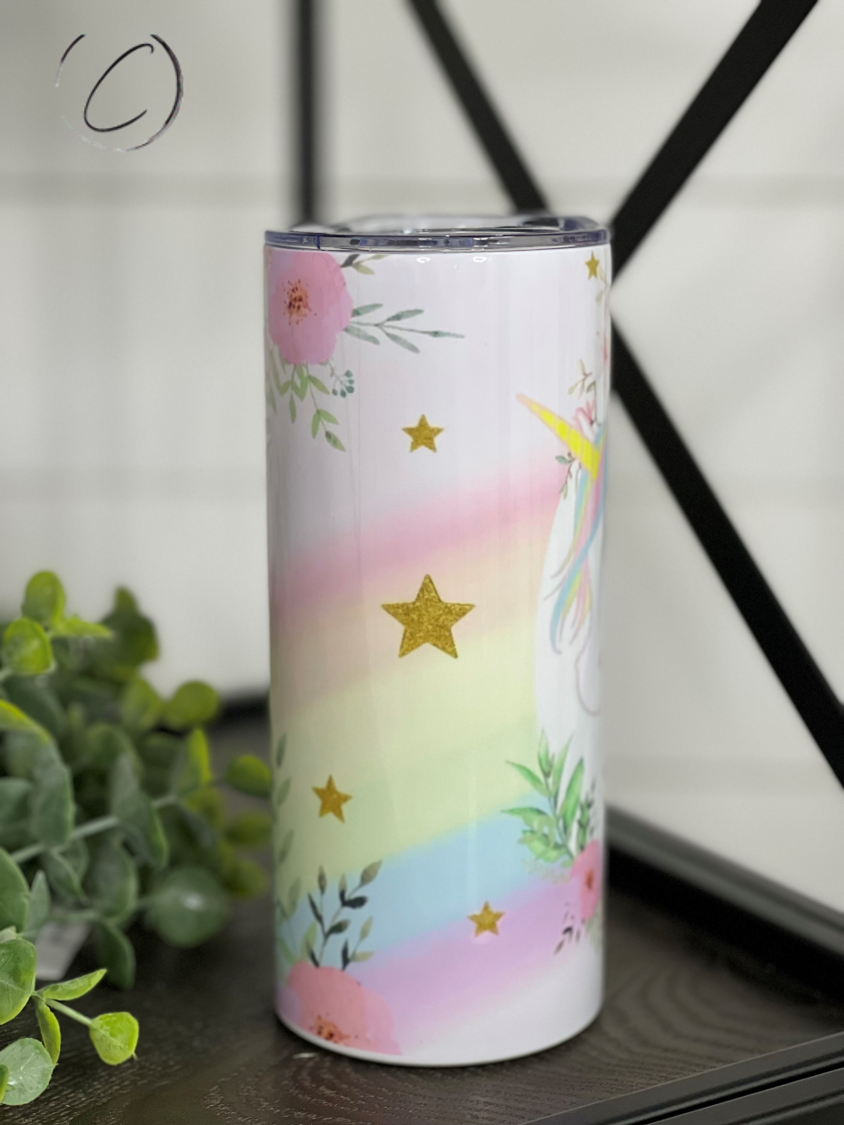 A colorful Unicorn Rainbow 15oz Kids Skinny Tumbler featuring a vibrant unicorn design, perfect for children's drinks.