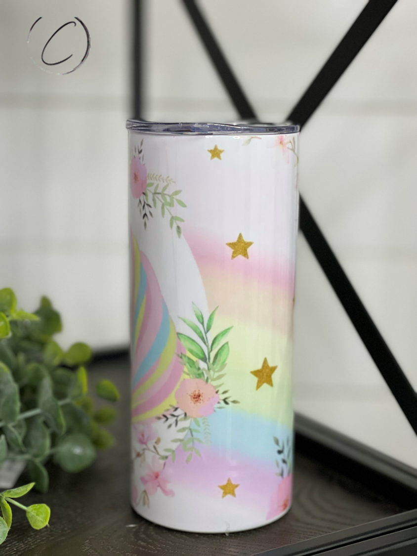 A colorful Unicorn Rainbow 15oz Kids Skinny Tumbler featuring a vibrant unicorn design, perfect for children's drinks.