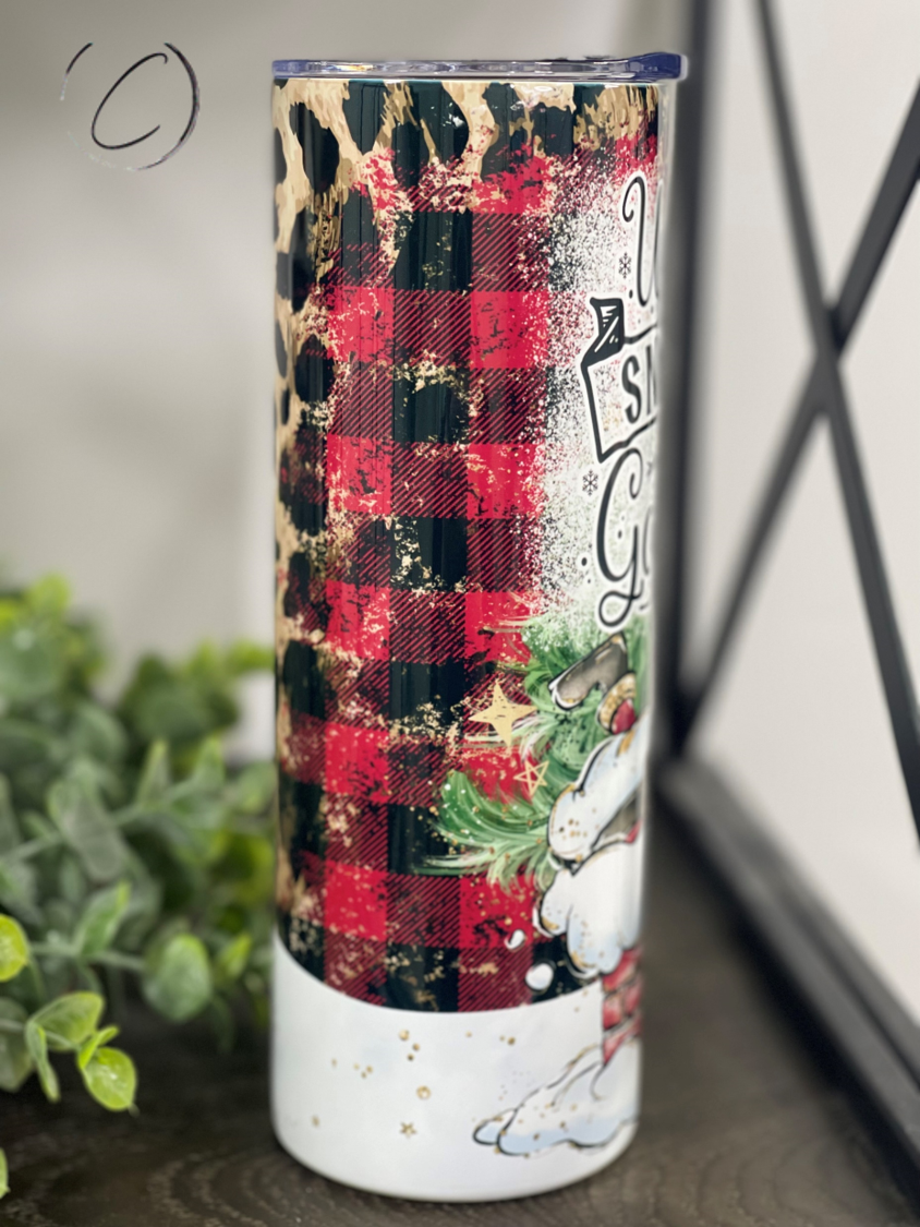 Up To Snow Good 20oz Skinny Tumbler with vibrant winter design and reusable straw.