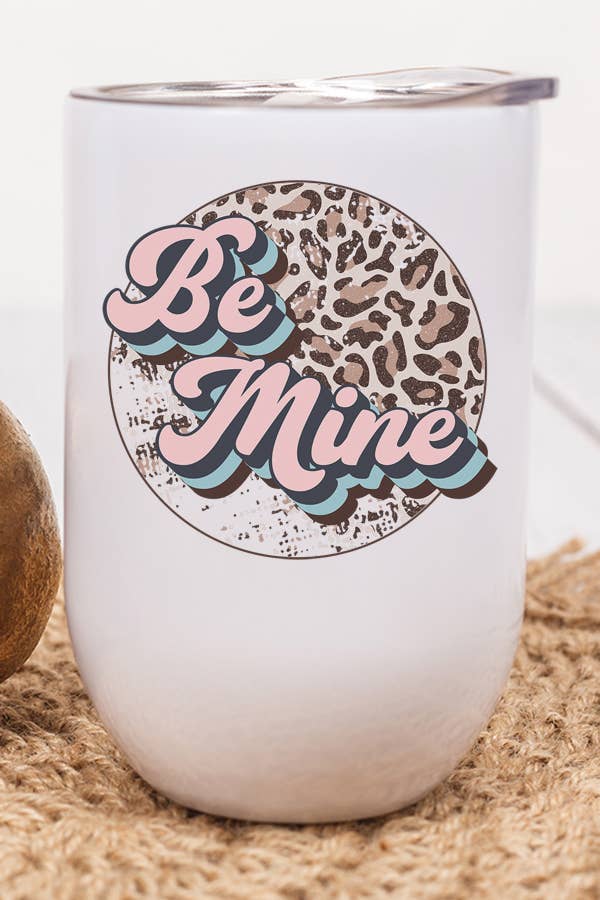 Be Mine Speckled Love Leopard Wine Cup with lid and straw, showcasing a stylish design perfect for Valentine's Day.