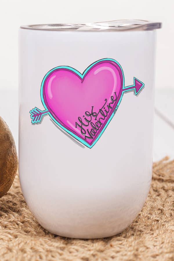 A stylish 12 oz stainless steel wine tumbler with a romantic design, featuring a lid and plastic straw, perfect for Valentine's Day gifts.