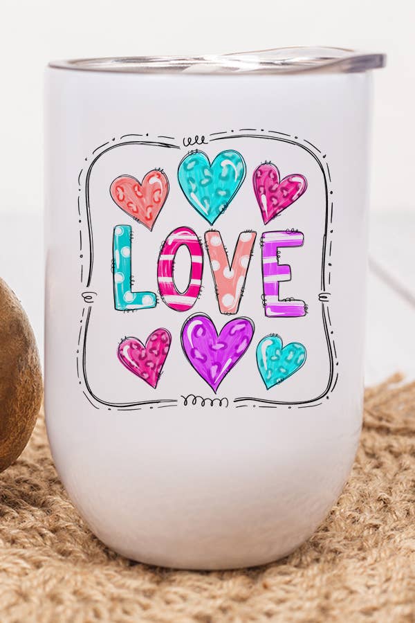 Colorful Valentine's Day wine tumbler with love hearts design, stainless steel, includes lid and straw.