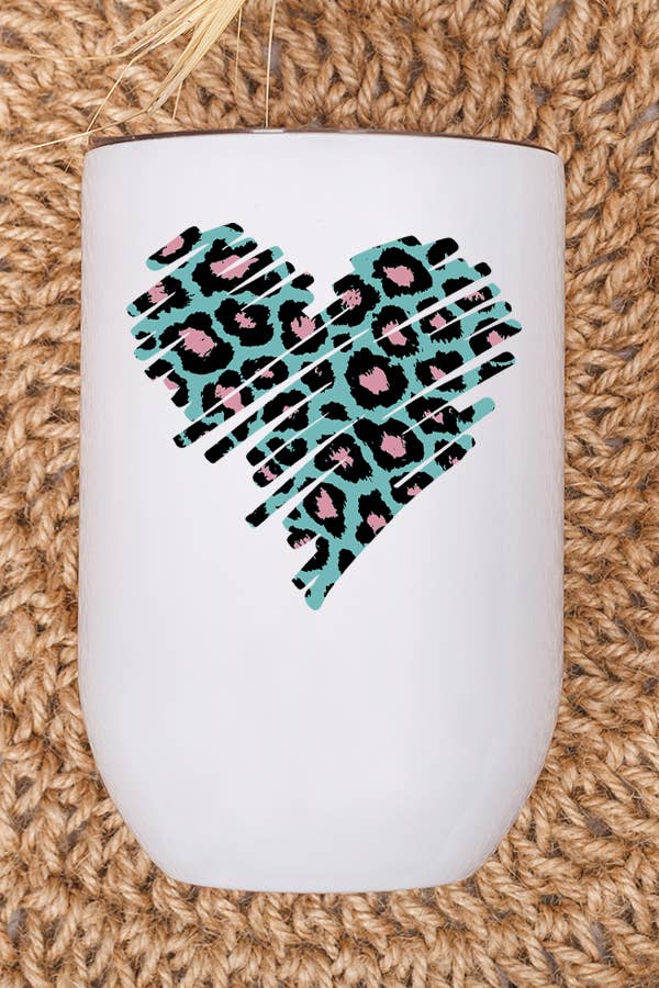 A teal pink heart wine tumbler with a lid and straw, showcasing a vibrant design perfect for Valentine's Day gifts.