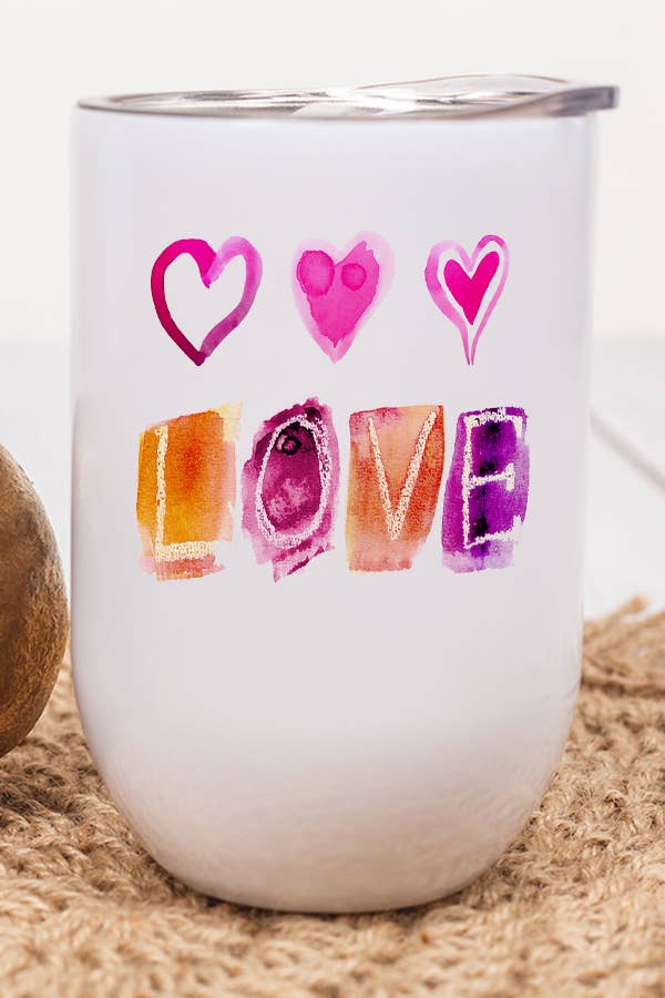 A 12 oz stainless steel wine tumbler featuring watercolor love hearts design, complete with a lid and plastic straw, perfect for Valentine's Day.