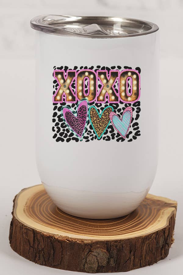 Valentine's Day Wine Cup featuring XOXO leopard design, stainless steel with lid and straw, perfect for gifting.