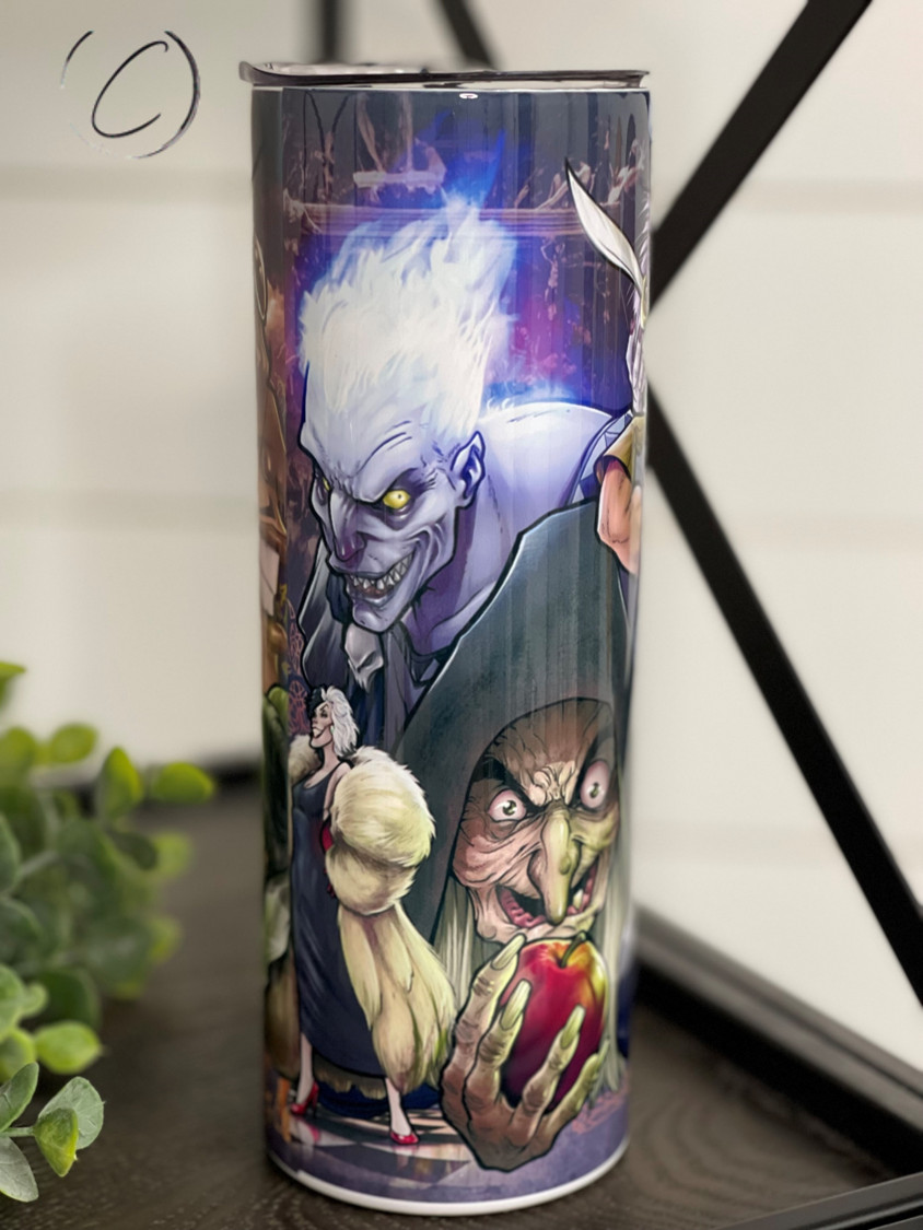 Villains 20oz Skinny Tumbler featuring a vibrant full wrap design, reusable straw, and durable construction for lasting use.