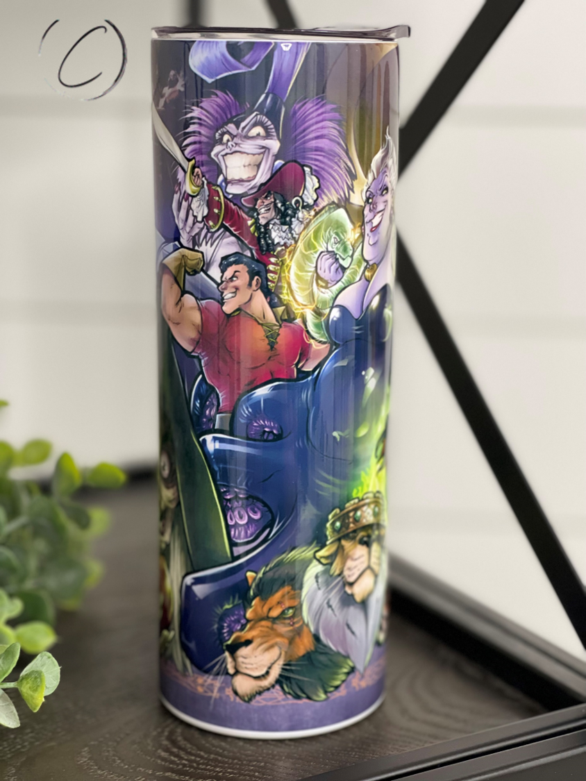 Villains 20oz Skinny Tumbler featuring a vibrant full wrap design, reusable straw, and durable construction for lasting use.