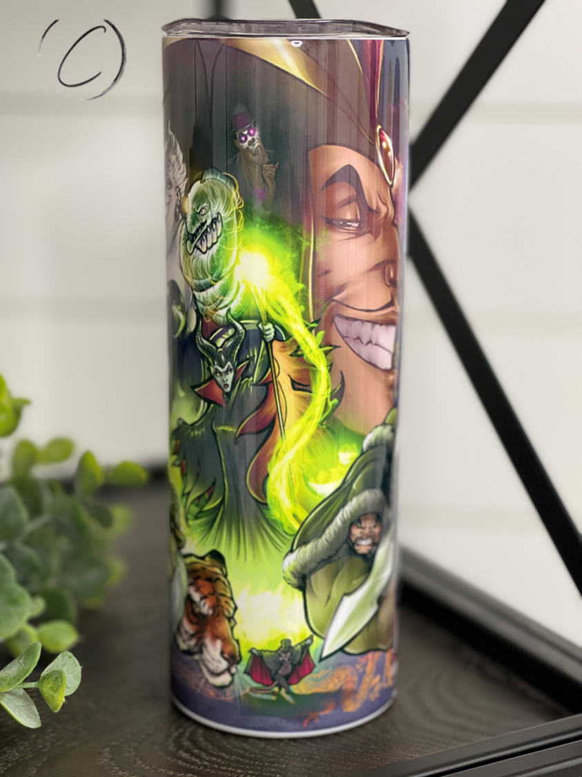 Villains 20oz Skinny Tumbler featuring a vibrant full wrap design, reusable straw, and durable construction for lasting use.