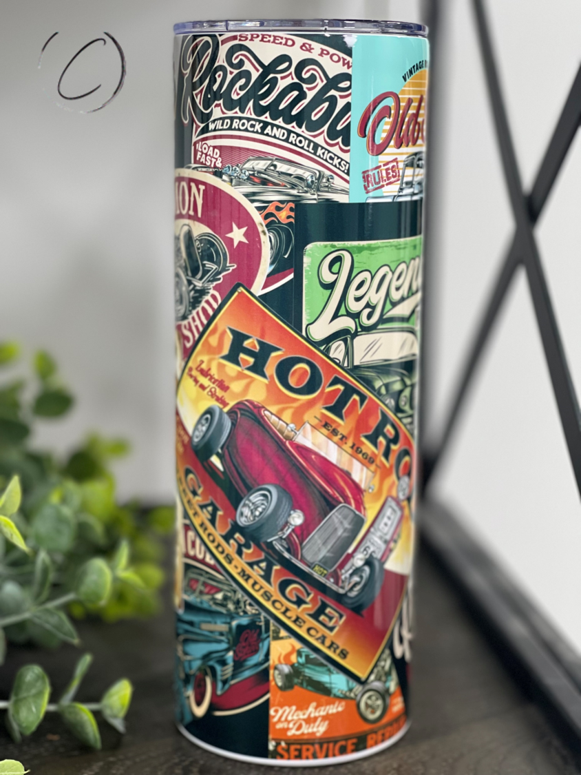 Vintage Hot Rod 20oz Skinny Tumbler with a full wrap design showcasing classic car graphics.