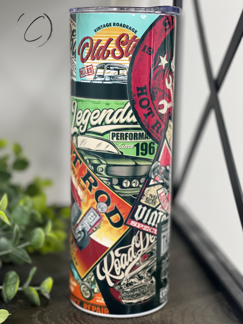 Vintage Hot Rod 20oz Skinny Tumbler with a full wrap design showcasing classic car graphics.