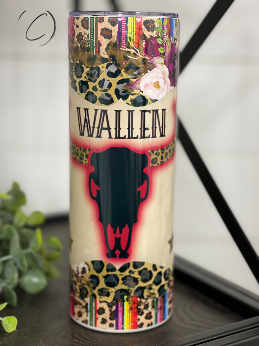 Wallen Bull Skull 20oz Skinny Tumbler with a unique bull skull design, perfect for stylish hydration.