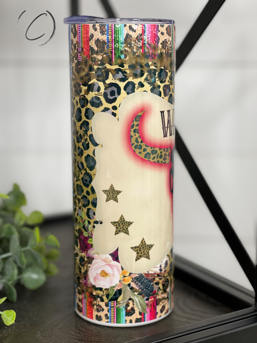 Wallen Bull Skull 20oz Skinny Tumbler with a unique bull skull design, perfect for stylish hydration.