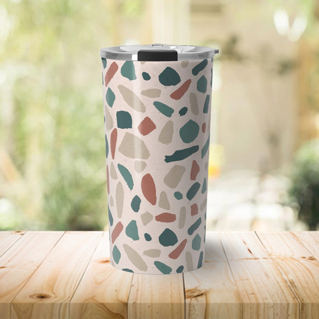 Warm Terrazzo Travel Coffee Mug made of stainless steel with a stylish terrazzo design, featuring a vacuum-sealed lid and double-wall insulation.