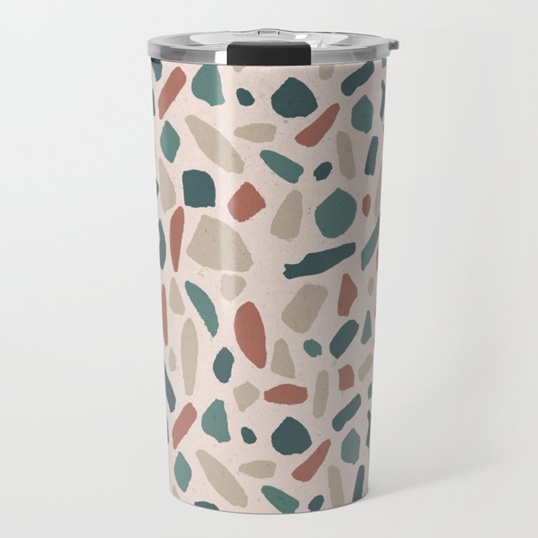 Warm Terrazzo Travel Coffee Mug made of stainless steel with a stylish terrazzo design, featuring a vacuum-sealed lid and double-wall insulation.