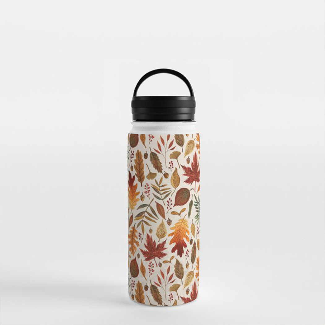 A stylish stainless steel water bottle featuring a watercolor fall leaves design and a convenient handle lid, perfect for hydration on-the-go.