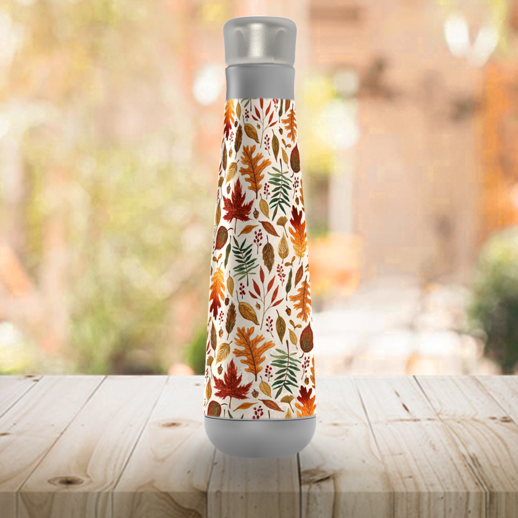 Stylish Watercolor Fall Leaves Peristyle Water Bottle made of stainless steel, featuring a vibrant autumn design and a screw-on lid.