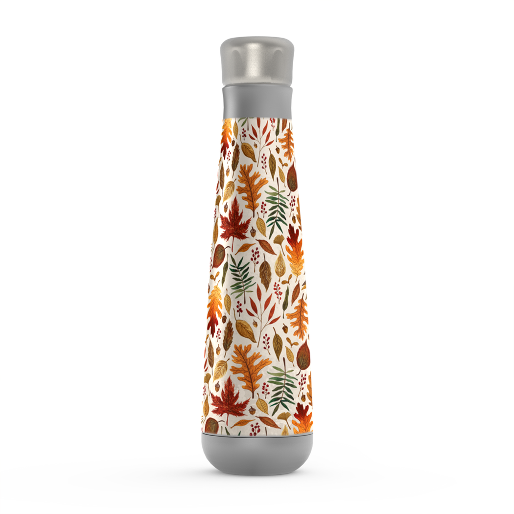 Stylish Watercolor Fall Leaves Peristyle Water Bottle made of stainless steel, featuring a vibrant autumn design and a screw-on lid.