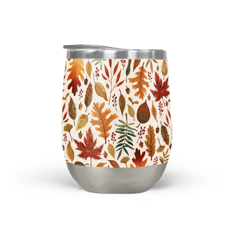 A stylish Watercolor Fall Leaves Stemless Wine Tumbler featuring a vibrant fall leaves design, perfect for outdoor use.